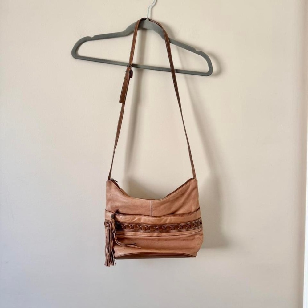 Brown‎ Leather Crossbody Purse Tassel Fringe Braided